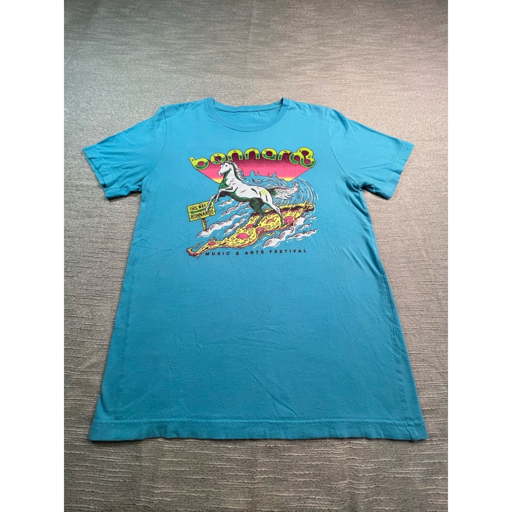 Bonnaroo Music Arts Festival Pizza Surfing Unicorn Graphic T-Shirt Blue Small